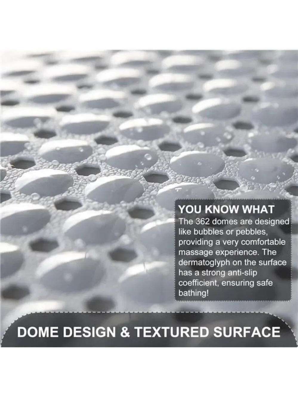 Non Slip Bath Mat Large Bathtub Shower Mat Suction Cups Drain Holes Gray PVC